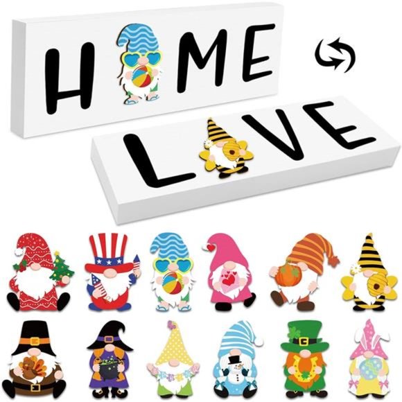 Easter Interchangeable Home Love Sign, Holiday Wood Decor w/ 12 PCS Magnet Gnome - Picture 1 of 6